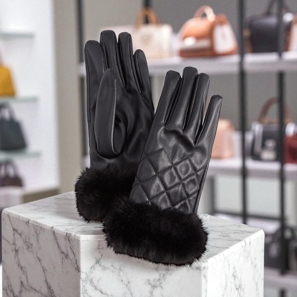I.N.C. International Concepts Women's Faux-Leather Faux-Fur-Trim Gloves NWOT Blk